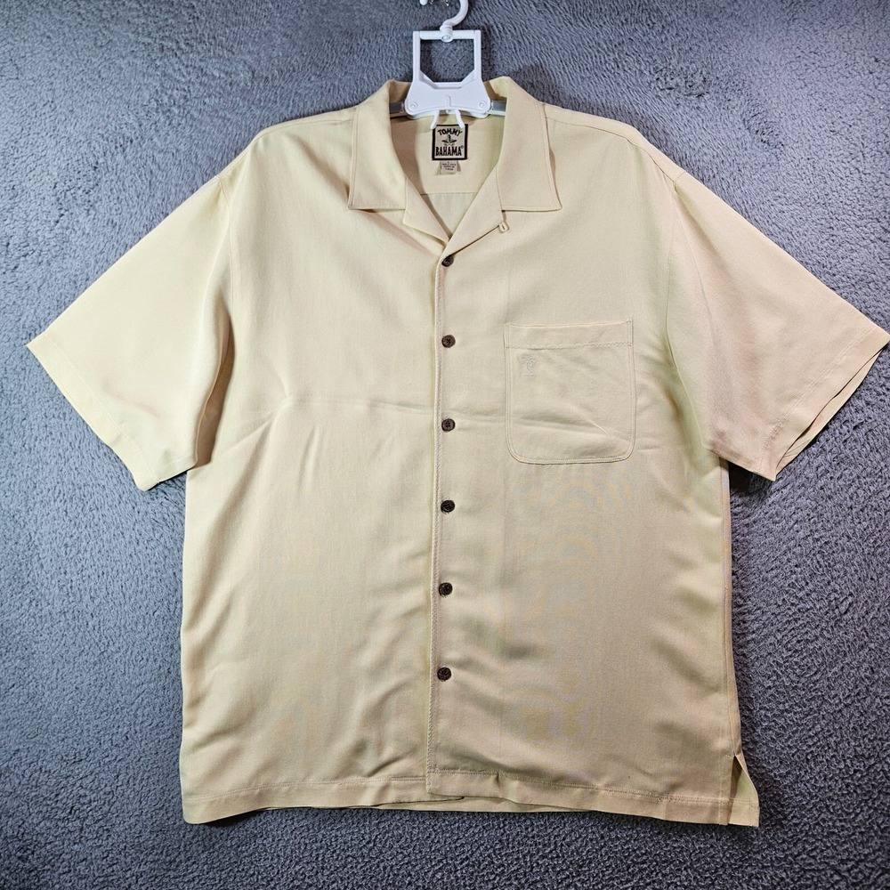 Tommy Bahama 100% Silk Shirt Men Large Short Sleeve Yellow‎